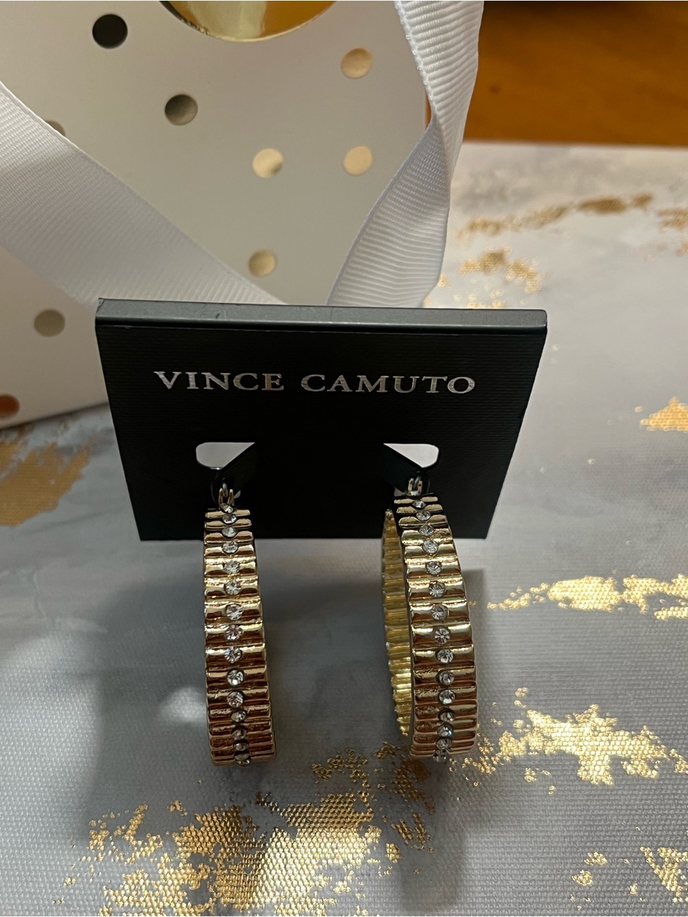 Vince Camuto Gold Ribbed Hoop Earrings with Clear Crystals